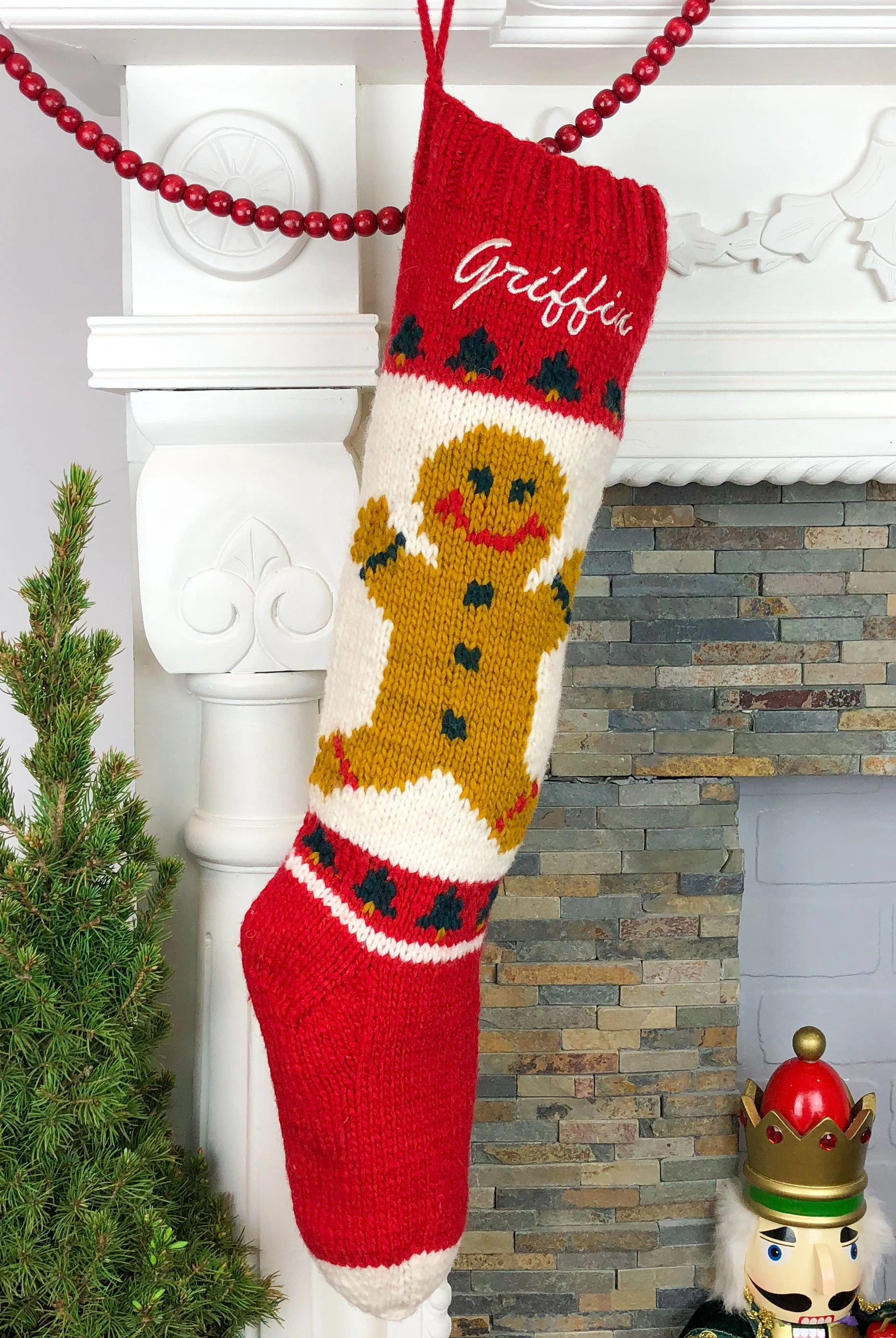 Hand-Knit Gingerbread Boy Christmas Stocking - A Charming Holiday Treat!